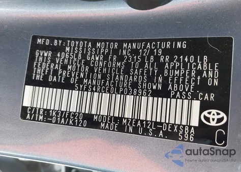 2020 Toyota Corolla Se from USA, damaged, VIN 5YFS4RCE0LP038962